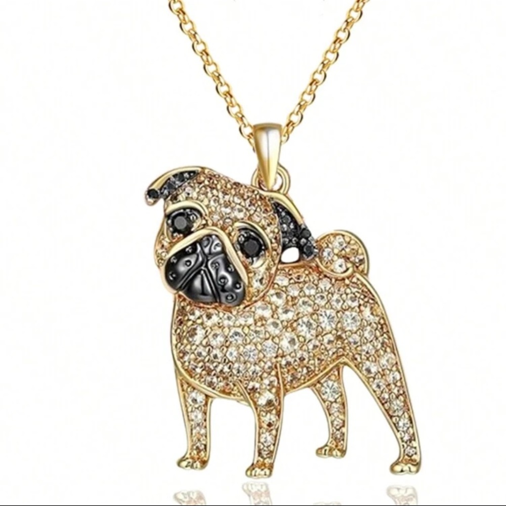 Gold and Black Pug Dog Pendant Necklace, Cubic Zirconia Pug Necklace
